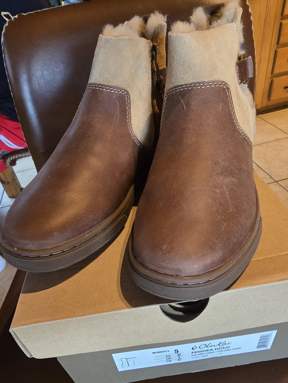 OluKai Womens Brown and Tan Suede Shearling Ankle Boots